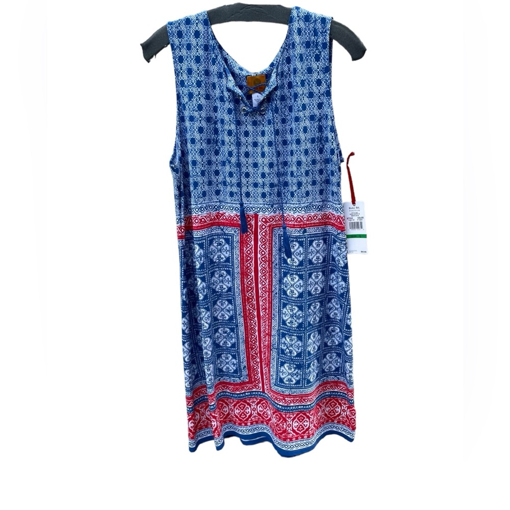 Ruby Rd Sleeveless Lace Up Tassel Geometric Print Shift Dress Blue Red NWT L